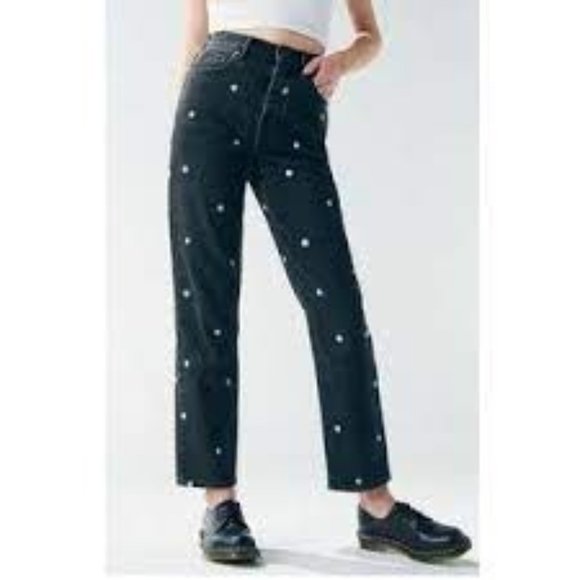 PacSun Black Embroidered Daisy High Waisted Straight Leg Denim Jeans, Size 23 - Picture 1 of 14